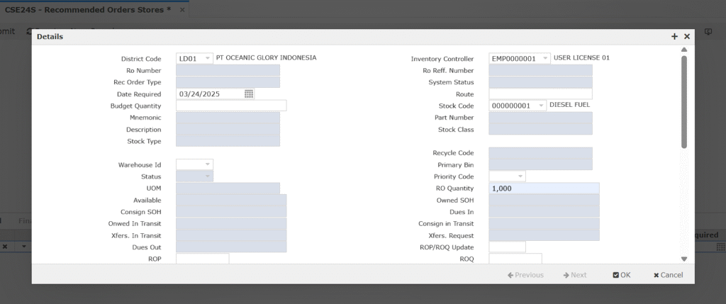 Fuel Controller Bunker Request Screen Configuration CSE24S Ellipse EMS Paramitra